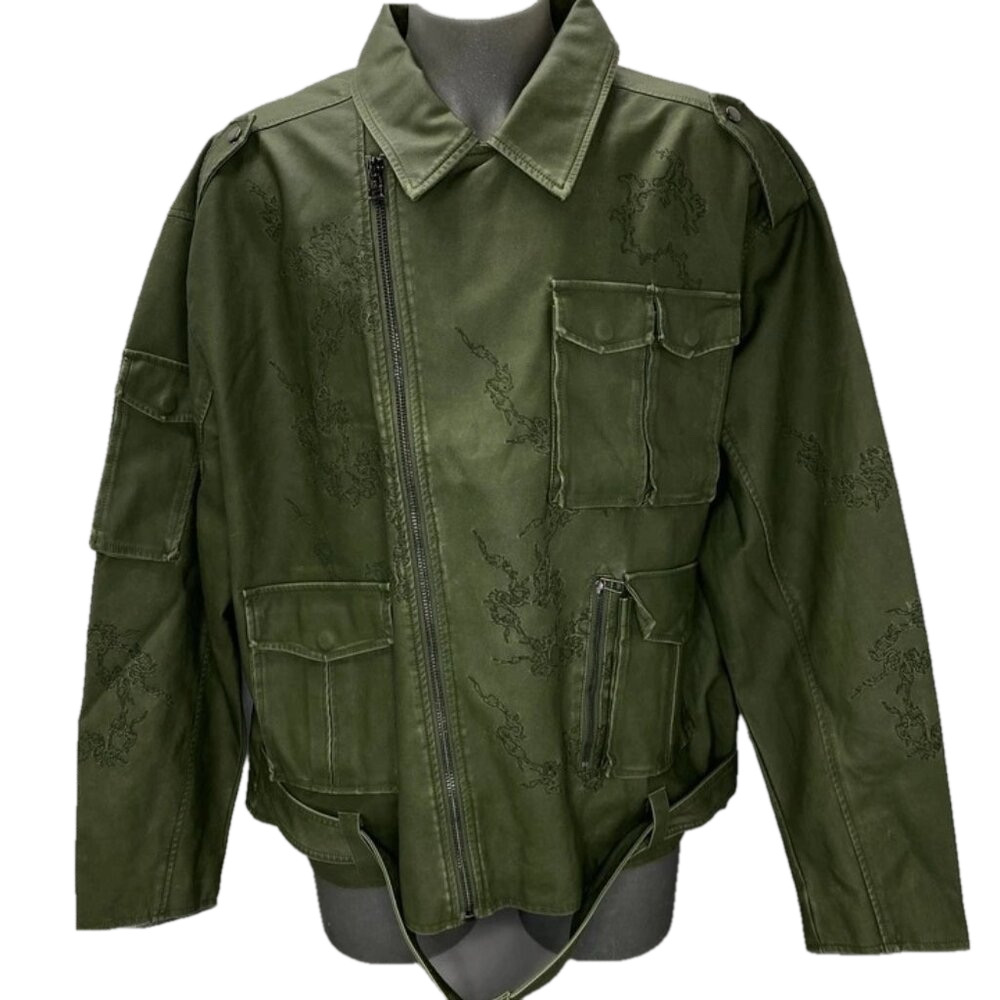 NEW SMOKE RISE Mens Jacket Washed Deep Olive Green Size 5XL Vegan Leather Biker
